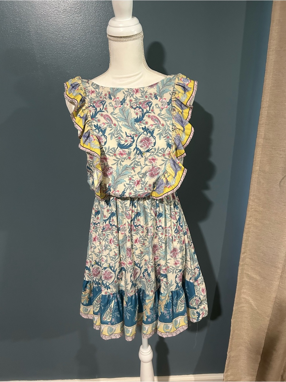 Floral Ruffle Summer Dress in Cream, Blue & Yellow